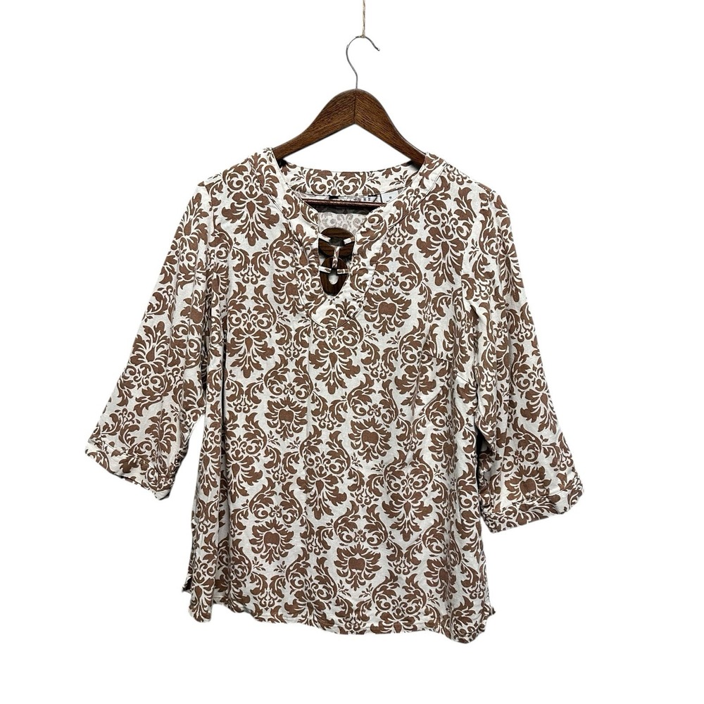 Women's Plus Size 1X Linen Blend‎ V-Neck Top 3/4 Sleeve Paisley Print Coastal